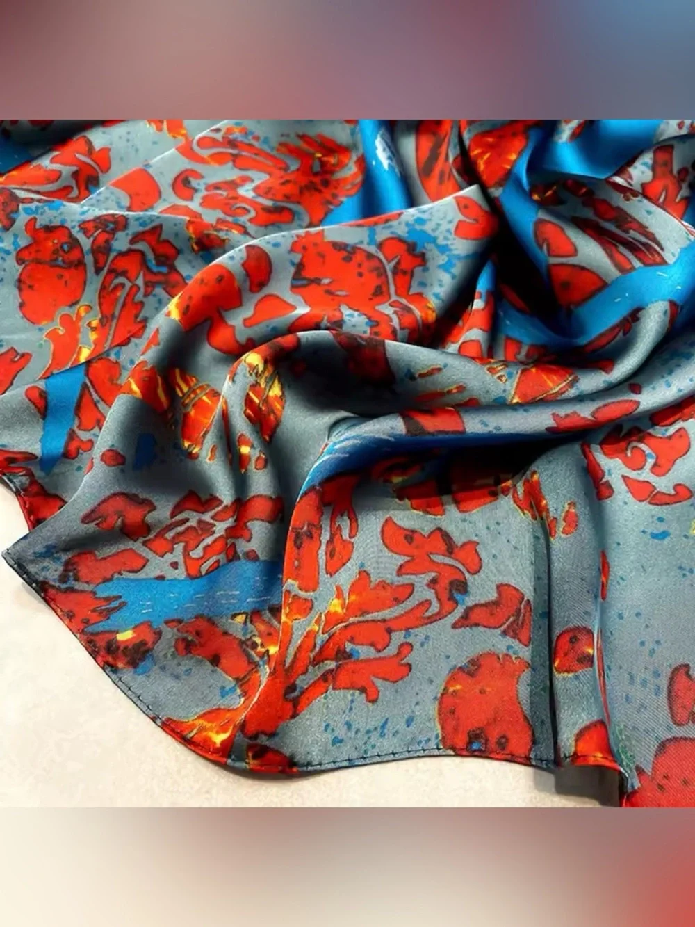 Vibrant Red & Turquoise Abstract Polyester Feel Like Silk Satin Scarf